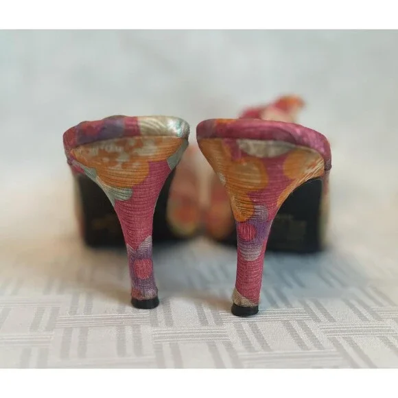 Amanda PinaColada Pink Orange Floral Mules | Leather Sole Fabric Heels 9.5W - Picture 5 of 11